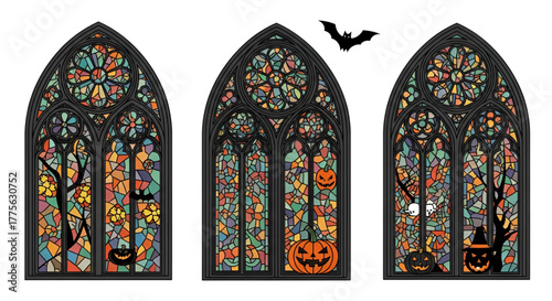 Halloween stained glass windows pumpkins, bats spooky season decorations