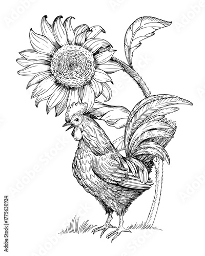 Rooster and sunflower. Vector ink styled handmade illustration. For packaging design, cards, cover, prints, product labels and fabric.