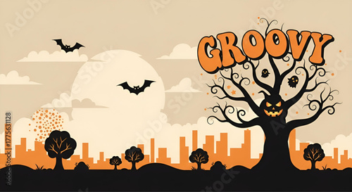 Groovy halloween background, spooky tree bats cityscape vector design