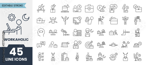 Workaholic line icons set with editable stroke. Containing work, worker, employee, office, workaholic, job, time, deadline and more. Vector illustration