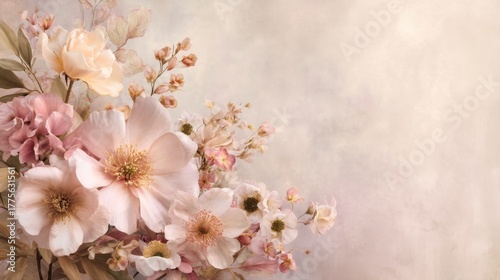 Elegant pastel floral wedding background with refined textures, dreamy romantic and timeless.
