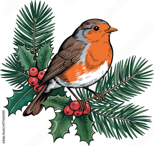 European Robin Bird Vector Illustration - Winter Bird on Holly and Pine Branches - Traditional Christmas Motif
