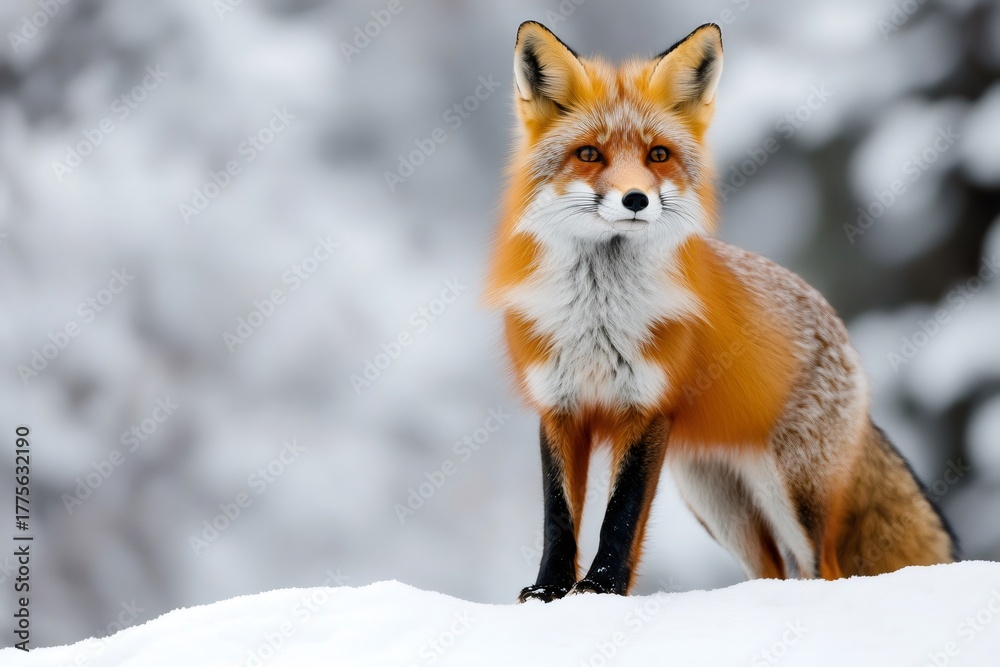 Fototapeta premium Red fox standing alert in winter snow
