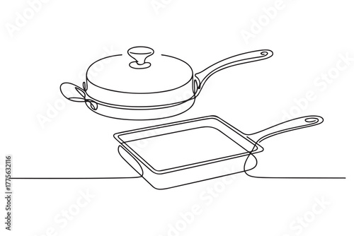 Continuous one line drawing baking pans. Kitchen appliances concept. Single line draw design. one line Icon drawing with white background