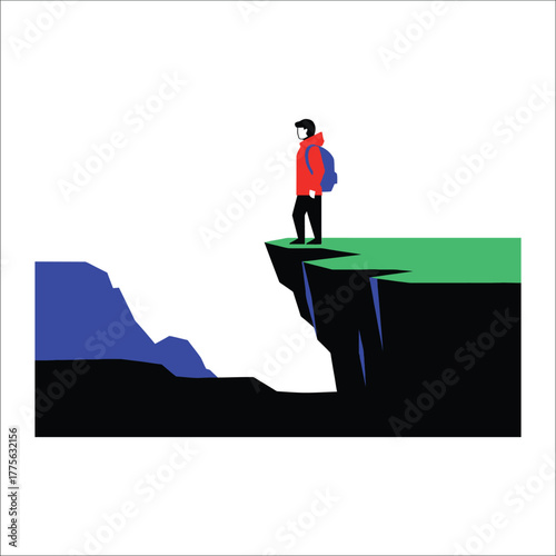 Minimalist Hiker At Mountain Peak Enjoying Nature Landscape Flat Vector Illustration