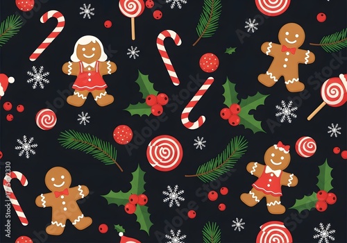 Festive Christmas pattern with gingerbread people, candy canes, lollipops, holly, and snowflakes on dark background for holiday wrapping or seasonal design.

