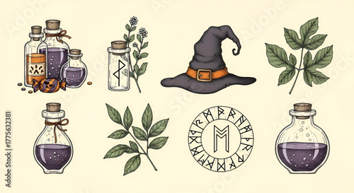 Witchcraft potions runes and hat illustration for halloween concept art