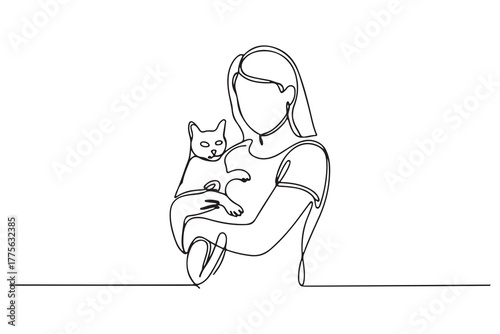 Single one line drawing girl holding her cat. Urban pets concept. Continuous line draw design. one line Icon drawing with white background