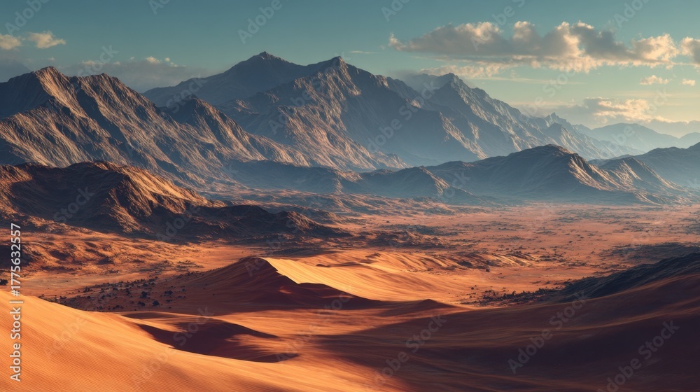 Naklejka premium A scenic desert with distant mountains and golden sand dunes, warm sunlight highlighting textures, photorealistic and cinematic.