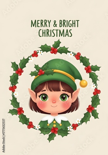 Charming Christmas elf with green hat nestled in holly wreath, paired with “Merry & Bright Christmas” text for festive holiday cheer and greeting.

