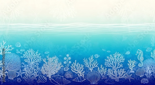 Fototapeta Naklejka Na Ścianę i Meble -  Underwater scene with coral reefs and marine life, featuring a gradient of blue hues and a sense of depth and tranquility