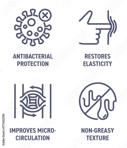 Foot cream properties icons set in bold line