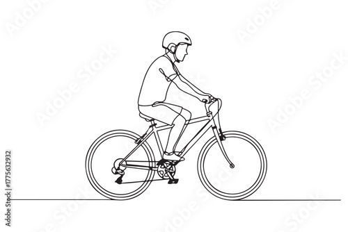 Single one line drawing happy boy riding a bike with helmet. World bicycle day concept. one line Icon drawing with white background