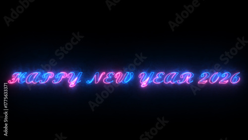 Happy new year 2026 modern light text design. Neon Word 'Happy New Year 2026' on black background. 2026 Year logo design vector illustration icon.