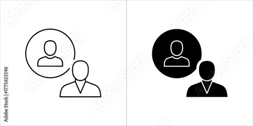 Two icons representing a person with a profile icon, one in outline and one filled, with a speech bubble