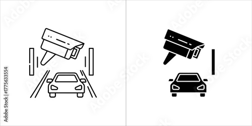 Two icons representing a car and a surveillance camera, one in outline and one filled, for traffic monitoring