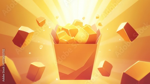 Golden Treasure in a Box with Sunburst Background