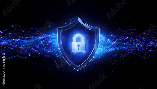 Digital security shield with a glowing padlock icon surrounded by abstract blue light trails and particles on a dark background