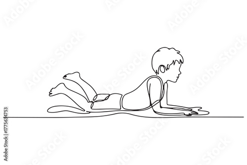 Single one line drawing Cute boy Learning to Swim in Pool. Class in action concept. Continuous line draw design. one line Icon drawing with white background