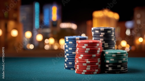 Casino chips stacked on a table with a cityscape background