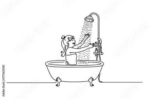 Single one line drawing happy girl playing shower while taking a bath. Bathroom activities concept. one line Icon drawing with white background