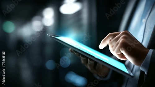 Data center technicians under bold green light use a tablet to deploy AI management tools hyper realistic network topologies glowing moody shadows on server clusters cinematic