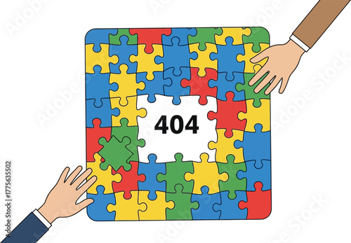 Error 404 page not found concept depicted with puzzle pieces hands