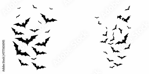 A scattering of black bat silhouettes flying in a dynamic pattern against a white background