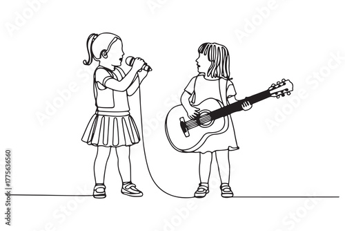 Continuous one line drawing Two little girls singing a song with a microphone and a guitar. Hangouts With Friends concept. one line Icon drawing with white background