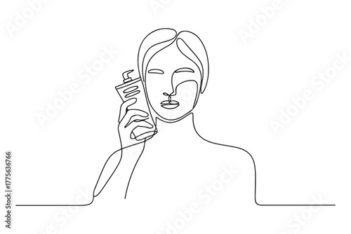 Continuous one line drawing hand holds skin care for facial care. Healthcare at home concept. one line Icon drawing with white background