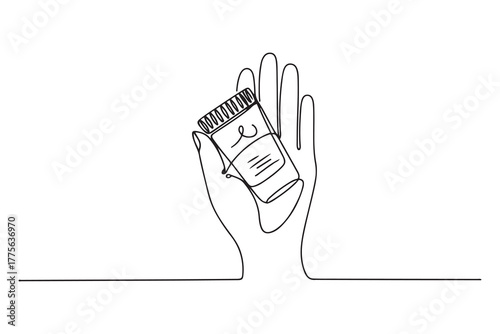 Continuous one line drawing hand holds skin care for facial care. Healthcare at home concept. one line Icon drawing with white background