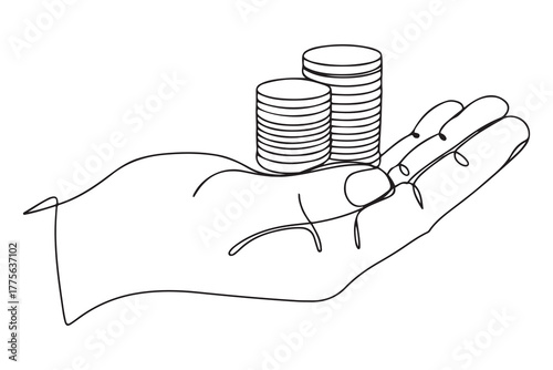 Single one line drawing hand hold coins on literacy. Financial literacy concept. Continuous line draw design. one line Icon drawing with white background