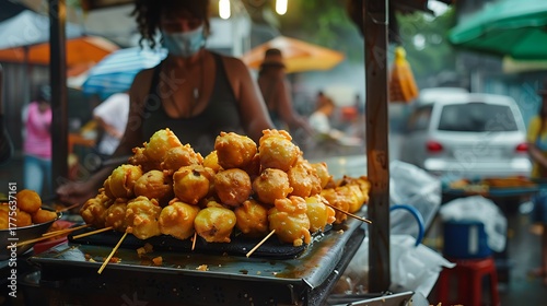 Fototapeta Naklejka Na Ścianę i Meble -  Street vendor with fried food skewers on a cart in an outdoor market environment with mask on face
