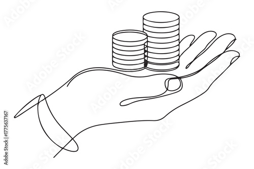 Single one line drawing hand hold coins on literacy. Financial literacy concept. Continuous line draw design. one line Icon drawing with white background