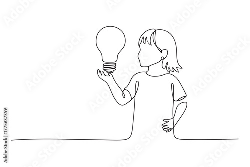 Continuous one line drawing happy little girl holding a light bulb in her hand. Earth hour concept. Single line draw design. one line Icon drawing with white background