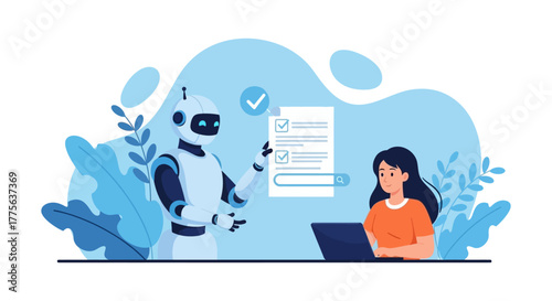 AI assistant helping a businesswoman with tasks on a laptop illustrating productivity automation and artificial intelligence in a modern workplace.