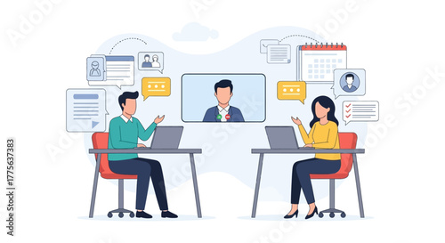 Online meeting between colleagues discussing project working from home on laptops symbolizing remote collaboration and digital workplace flexibility.