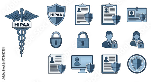 hippa compliance icons illustrating data protection and secure medical records management suitable for healthcare infographics and digital privacy tutorials