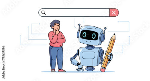 AI writing assistant helping a human with content creation standing near search box for a blog post concept of human-machine collaboration