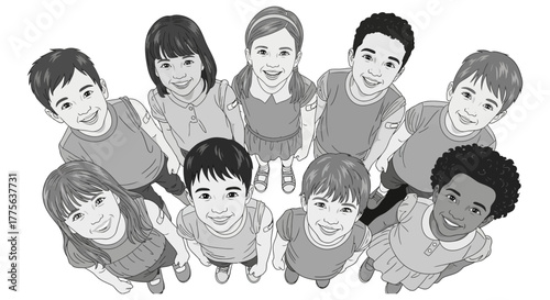 diverse group of children looking up smiling post vaccination standing close on white background perfect for back to school education concept.