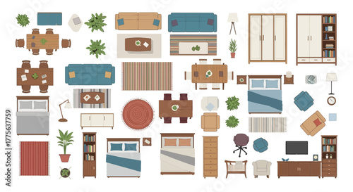 floor plan furniture overhead view showcases a living room dining room and bedroom layout with top-down collection perfect for interior design mockups.