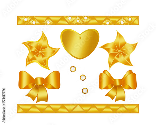 Stars, bows, hearts, stripes, glitter, lights, gold texture, design set, on a transparent background