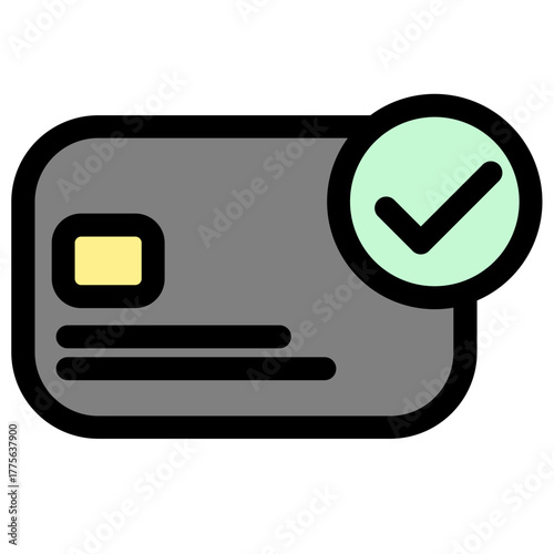 This vector icon depicts a credit card with a checkmark- symbolizing verified payment and secure online banking transactions. Ideal for apps and websites related to finance and payments.