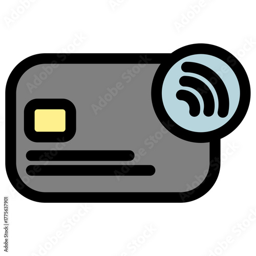 This vector icon represents a contactless credit card- ideal for mobile payment apps- online banking- and financial technology illustrations. It symbolizes secure and convenient digital transactions.