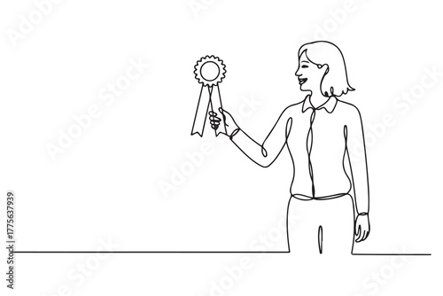 Single one line drawing happy woman gets award best employee. Personal development Concept. one line Icon drawing with white background