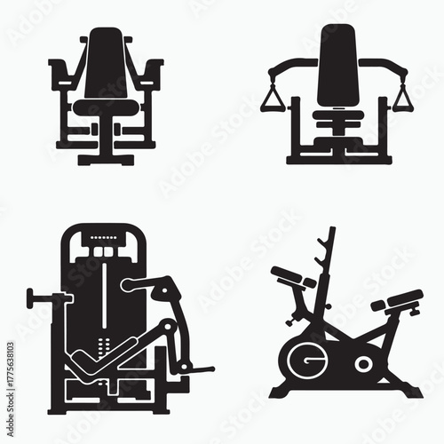 Collection of black silhouettes of modern fitness equipment for a gym workout