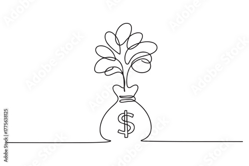 Continuous one line drawing small tree in money bag. Budget planning concept. Single line draw design. one line Icon drawing with white background