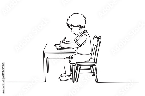 Single one line drawing Cute little boy sitting on chair writing on notebook doing his homework. Student concept. one line Icon drawing with white background