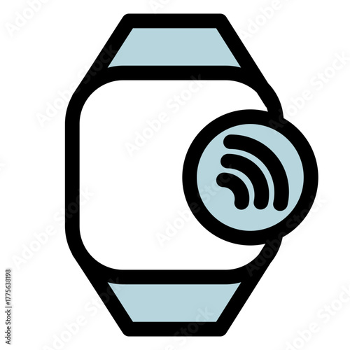 This modern icon depicts a smartwatch with a wireless payment symbol- ideal for apps and websites related to mobile banking and contactless payments. It represents secure and convenient transactions.