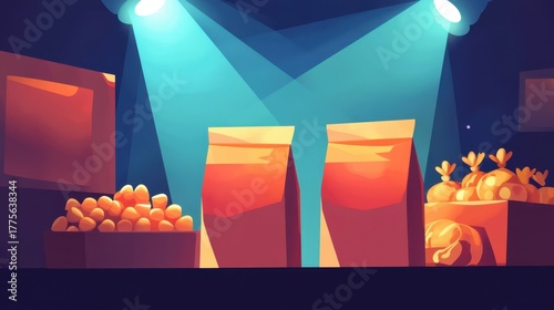 Brightly Lit Snack Display on a Dark Background